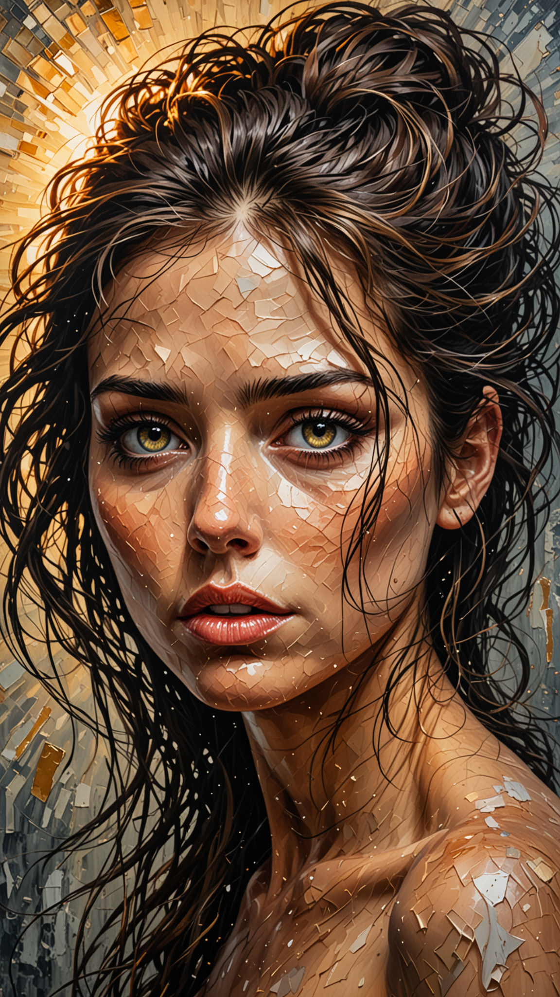 Stunning moody acrylic painting of an emotionally charged female portrait, tense, anguished, textured impasto, minimalism, thick and heavy strokes, gritty, sublime, aged, exotic, emotional, magical, elegant, gorgeous, majestic, mysterious, strongly lit, swirling, beautiful, shimmering, textured, mixed media, collage, edgy, realistic, moody, odd, strange, mysterious, eye catching, super cool, gossamer, ethereal, fantasy, award winning, thought provoking, hyper detailed face and eyes, highly detailed, beautifully lit, scattered light, sunbeams,