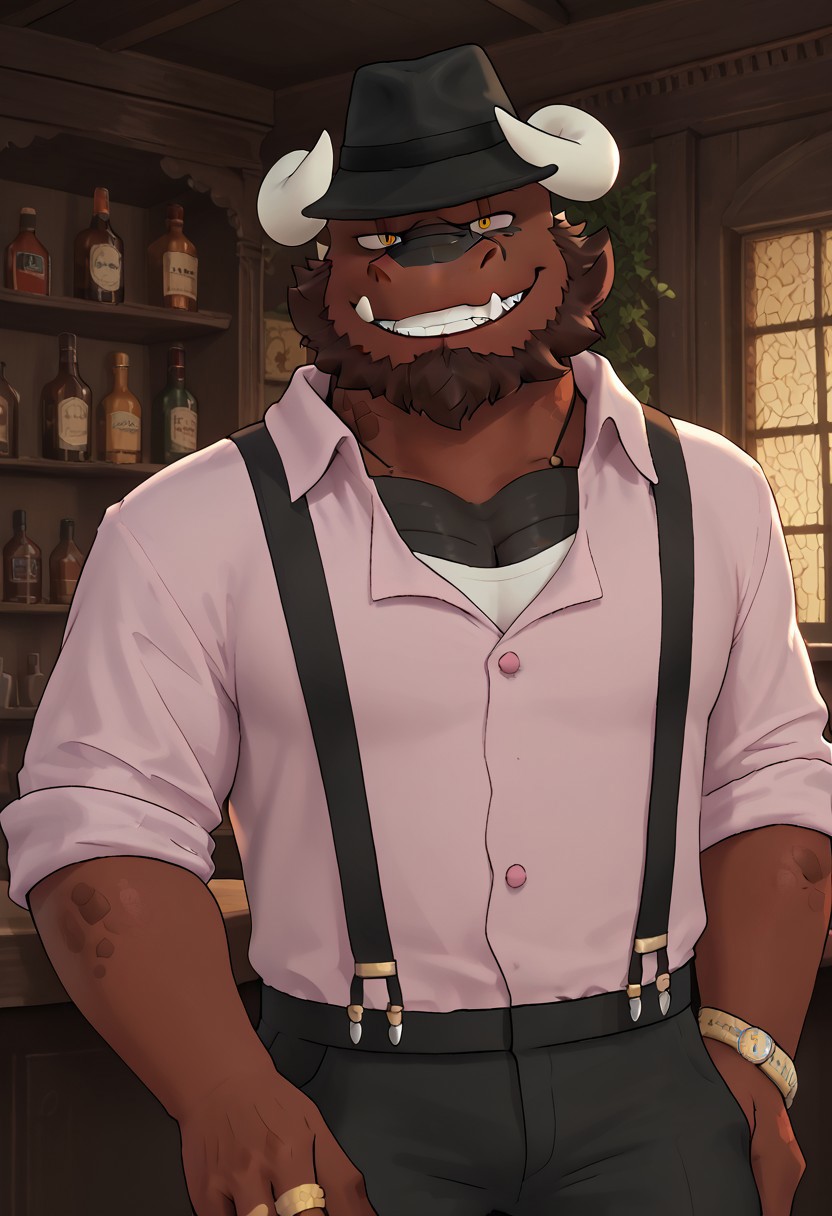 score_9, score_8_up, score_7_up, ((Memphisvn)), dragon, full black scaly chest body, black pants with suspenders, light pink dress shirt, solo, 1boy, extremely expressive, hand on fedora, sinister smile teeth, bedroom eyes, in bar, dark lighting, black fedora, hi res, detailed eyes, eyes focus, big iris, 4k perfect eyes, perfect face, 5fingers, best artwork, highly detailed