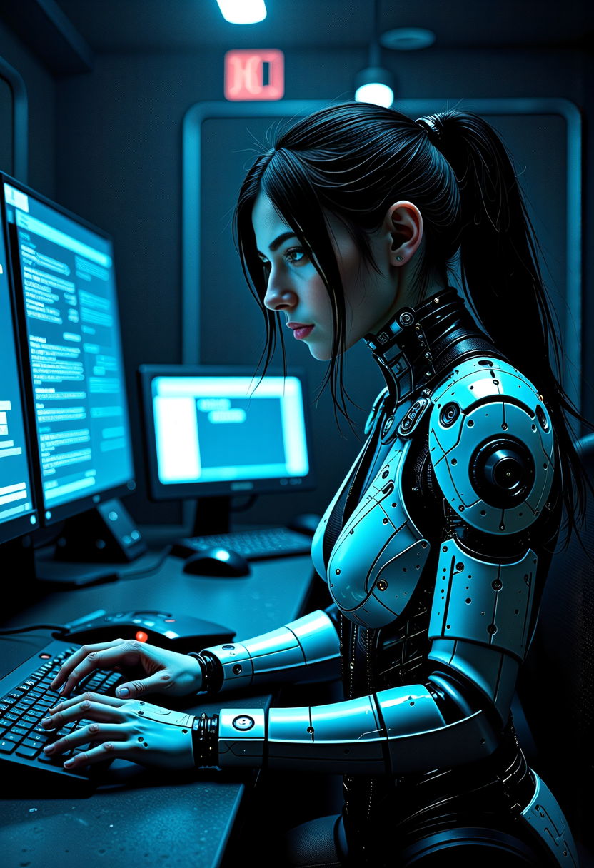 In the heart of a cyberpunk world, a cybernetic cyber threat analyst, a young Jewish woman with cybernetic implants, works diligently within a stealthy spy network operations center. Her appearance is a fusion of sculptural beauty and cutting-edge technology, adorned in futuristic geometric patterns. She dons a neural interface tech-suit, enabling seamless integration with the complex systems that surround her, her augments augmenting her capabilities and ensuring her effectiveness in the high-stakes realm of digital espionage. The scene, rendered in the distinct style of Tsutomu Nihei, captures the essence of a world where the lines between human and machine blur, and the fate of nations hinges on the skills of operatives like her. <lora:scifi/fluxAugments_v2>   <lora:flux/aidmaImageUpgrader-FLUX-V0.2>, aidmaimageupgrader, <lora:Magic of Art  2  (FLUX)>, Cinematic style, Beauty, Realism, Photorealism, Chiaroscuro, High quality, <lora:flux/Sinfully_Stylish_.02_for_FLUX-000002:0.8>,