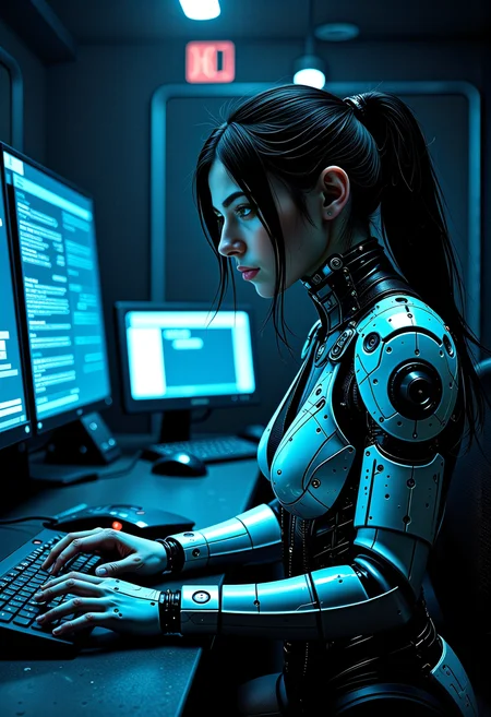 In the heart of a cyberpunk world, a cybernetic cyber threat analyst, a young Jewish woman with cybernetic implants, works diligently within a stealthy spy network operations center. Her appearance is a fusion of sculptural beauty and cutting-edge technology, adorned in futuristic geometric patterns. She dons a neural interface tech-suit, enabling seamless integration with the complex systems that surround her, her augments augmenting her capabilities and ensuring her effectiveness in the high-stakes realm of digital espionage. The scene, rendered in the distinct style of Tsutomu Nihei, captures the essence of a world where the lines between human and machine blur, and the fate of nations hinges on the skills of operatives like her. <lora:scifi/fluxAugments_v2> <lora:flux/aidmaImageUpgrader-FLUX-V0.2>, aidmaimageupgrader, <lora:Magic of Art 2 (FLUX)>, Cinematic style, Beauty, Realism, Photorealism, Chiaroscuro, High quality, <lora:flux/Sinfully_Stylish_.02_for_FLUX-000002:0.8>,