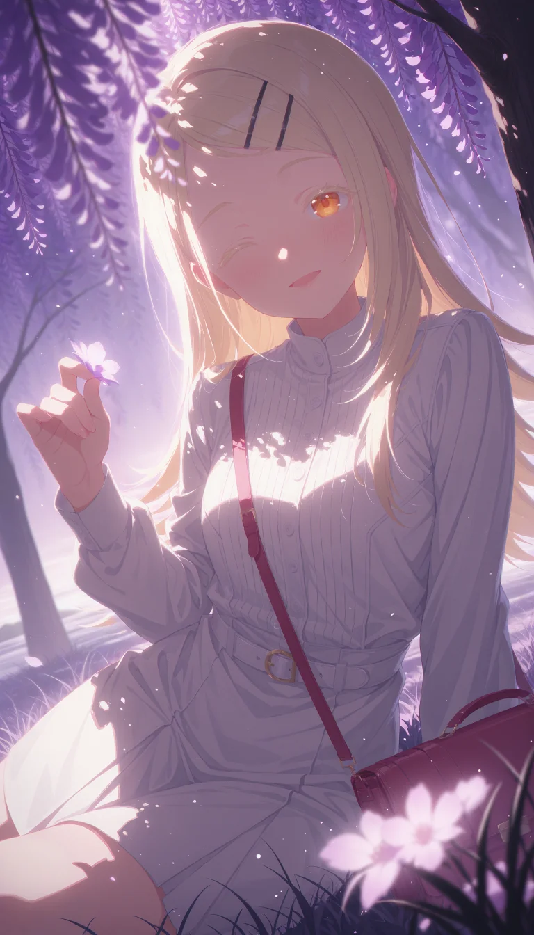 1girl, shinosawa hiro, gakuen idolmaster, orange eyes, long blonde hair, colored eyelashes, hairclip,
((slightly laughing,closed eyes,open mouth):1.1),
(yokozuwari,touching flowers)
wearing Burqa, hair bow,
BREAK
(looking at viewer:1.2), looking back seductively,
under tree, branch, (purple wisteria:1.3), bag, (purple grass:1.4), misty lake,
dreamy atmosphere,
QUALITY
(masterpiece, very aesthetic, absurdres),
BREAK
at evening, haze, (low angle,from below,fisheye), dutch angle, portrait, (dappled sunlight:1.3), (sunbeam:1.1), (sunlight from side:1.2), (light rays:1.1), dramatic lighting, (glowing:1.4), (particles:1.2), (blurry background:1.1), (blurry foreground:1.3), purple shadow, high contrast
<lora:outline_xl_end:-12>, <lora:EnvyZoomSliderXL01:1.5>, <lora:aesthetic_anime_v1s:0.5>, <lora:StS-Illustrious-Detail-Slider-v1.0:1.25>, <lora:il_brightness_slider_d1:-0.5>, <lora:darkness_xl_v20:0.5>, <lora:Dramatic Lighting SliderIL:3>,