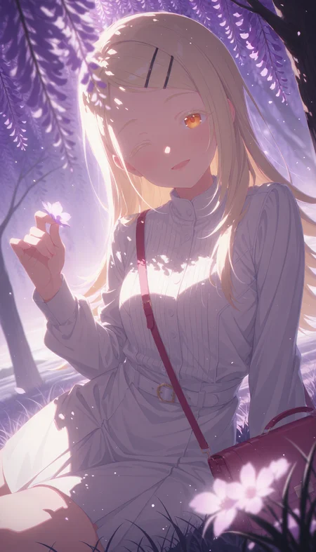 1girl, shinosawa hiro, gakuen idolmaster, orange eyes, long blonde hair, colored eyelashes, hairclip,
((slightly laughing,closed eyes,open mouth):1.1),
(yokozuwari,touching flowers)
wearing Burqa, hair bow,
BREAK
(looking at viewer:1.2), looking back seductively,
under tree, branch, (purple wisteria:1.3), bag, (purple grass:1.4), misty lake,
dreamy atmosphere,
QUALITY
(masterpiece, very aesthetic, absurdres), 
BREAK
at evening, haze, (low angle,from below,fisheye), dutch angle, portrait, (dappled sunlight:1.3), (sunbeam:1.1), (sunlight from side:1.2), (light rays:1.1), dramatic lighting, (glowing:1.4), (particles:1.2), (blurry background:1.1), (blurry foreground:1.3),  purple shadow, high contrast
<lora:outline_xl_end:-12>, <lora:EnvyZoomSliderXL01:1.5>,  <lora:aesthetic_anime_v1s:0.5>, <lora:StS-Illustrious-Detail-Slider-v1.0:1.25>,  <lora:il_brightness_slider_d1:-0.5>, <lora:darkness_xl_v20:0.5>, <lora:Dramatic Lighting SliderIL:3>,