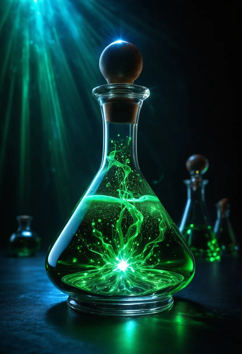 Score_9, Score_8_up, Score_7_up, Score_6_up, Score_5_up, Score_4_up, high_def, highest quality, 4k, best quality, masterpiece, no humans, object focus, focused, defined, (Photorealistic magic potion:1.3), intricate glass bottle, elixir, neon blue colors, green hues, bubbling, ethereal light, flashy lights, magic lights, luminous, dynamic reflections, magical aura, highly detailed, fantasy essence, glowing particles, radiant aura, aether