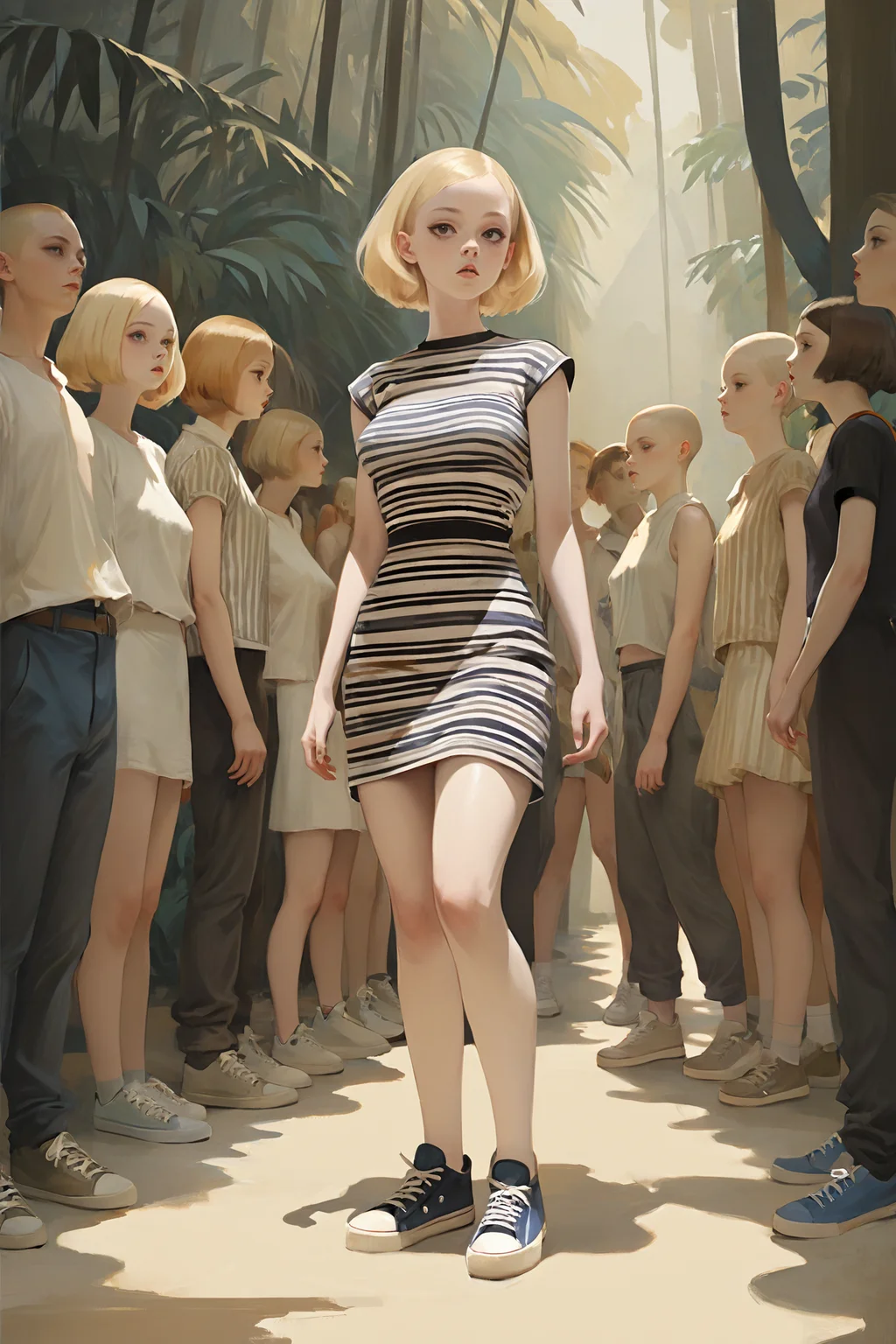 Masterpiece, best quality, 1girl, <lora:kwFemaleBeta122_SDXL_v1:1>,
Concept art, (a crowd of busty young blonde woman:1.1) , wearing Striped dress and sneakers, The Striped dress and sneakers rolled up sleeves, Caramel hair styled as Buzz cut with a fade, jungle in background, Pastel Goth Art, stylized by Tran Nguyen, Raphael Soyer and László Moholy-Nagy