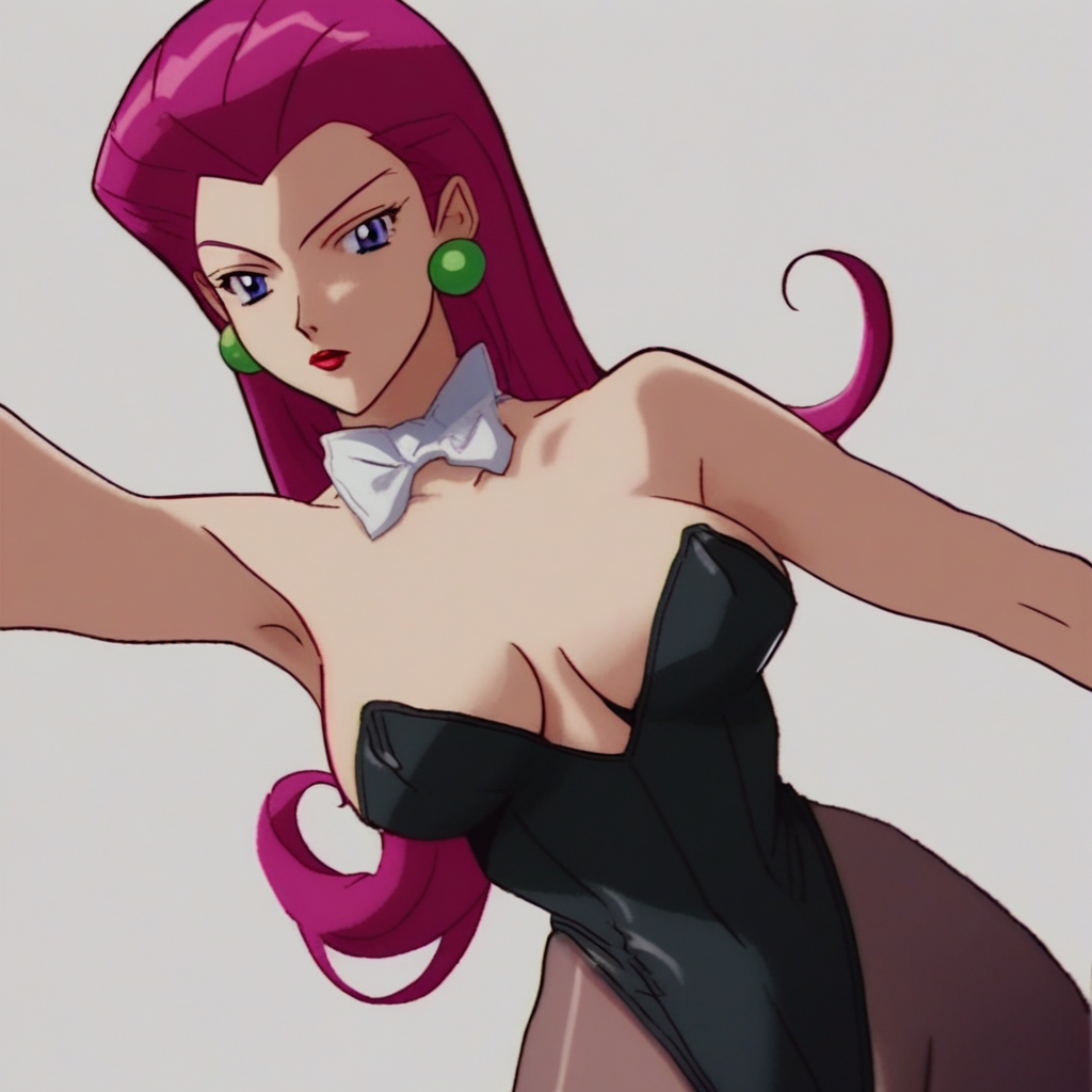 GT4ST3, source_anime,  artist style:Urushihara Satoshi, source_hentai, source_anime,1woman, looking at viewer, facing viewer, score_9, score_8_up, score_7_up, score_6_up, Jessie\(Pokemon\), BREAK, 1girl, solo,  bunnysuit, playboy_bunny, (Jessie from Pokemon), redhead, long hair, perfect face, perfect eyes, sexy, sexy girl, seductive, beautiful eyes, petite body, wide hips, large breasts, posing, dynamic angle, retro_artstyle
