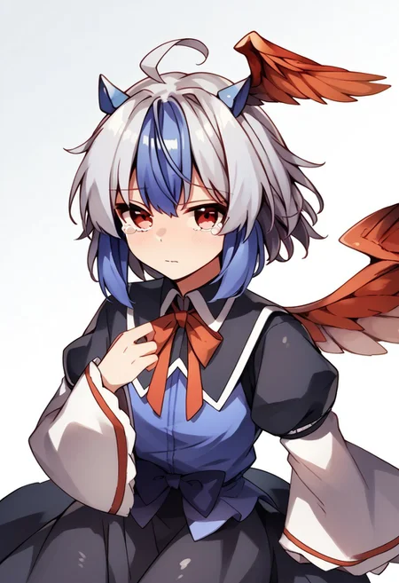 score_9, score_8_up, score_7_up, source_anime, TOKIKO (TOUHOU), TOKIKO REGULAR WEAR, 1girl, solo, looking at viewer, short hair, bangs, skirt, simple background, red eyes, long sleeves, white background, bow, ribbon, blue hair, ahoge, white hair, multicolored hair, wings, horns, tears, wide sleeves, black skirt, two-tone hair, red ribbon, head wings, feathered wings, bird wings, red wings, tokiko \(touhou\)