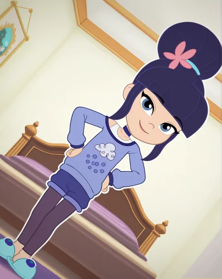 Blueberry_Muffin, 1girl, solo, dark blue hair, very big bun, flat bangs, light skin, blue-grey eyes, light blue hair tie, light pink flower, dark blue choker, sleepover outfit, white tank top, blue pajamas, purple Shorts, Black tights, light blue slippers, (smile, dutch angle, Hands on hips,naughty pose, looking at viewer, indoors, elegant room, solo, dynamic pose, full_body, head tilt,),((white background, White frame, white outline))