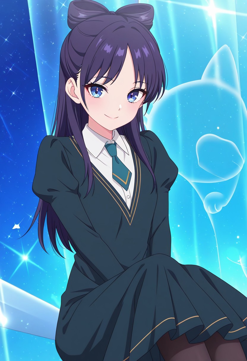 (absurdres, best quality, masterpiece:1.4), amazing quality, highres, newest, detailed, detailed body, detailed face, source anime, anime coloring, beautiful, petite, sparkles,
BREAK
WWNemu, 1girl, solo,  smile, NemuAniHu, dark purple hair, bow-shaped hair, parted bangs, half updo, blue eyes, v-neck dress, white inner collared shirt, Short necktie, juliet sleeves, long skirt, black pantyhose, NemuCat, transparent cat,