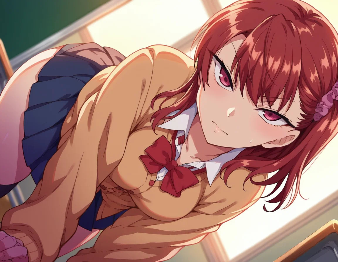 score_9, score_8_up, score_7_up, source_anime,
izuminogami, <lora:izumi-nogami-ponyxl-lora-nochekaiser:1>
izumi nogami, red hair, one side up, medium hair, scrunchie, red eyes,
skirt, school uniform, pleated skirt, shoes, socks, cardigan, brown cardigan,
indoors, classroom, bent over,
looking at viewer, dutch angle, cowboy shot,