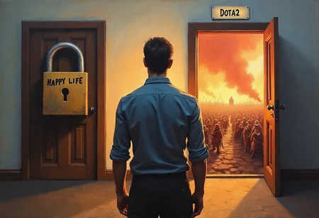 Oil painting of a man stands with his back to the viewer, facing two doors. The left door, labeled "Happy Life," is locked with a huge lock. The right door, marked "Dota2," is wide open, revealing a hellish battlefield landscape. The scene is executed in an oil painting style, capturing the man's tense posture and the stark contrast between the locked promise and the open, terrifying abyss.