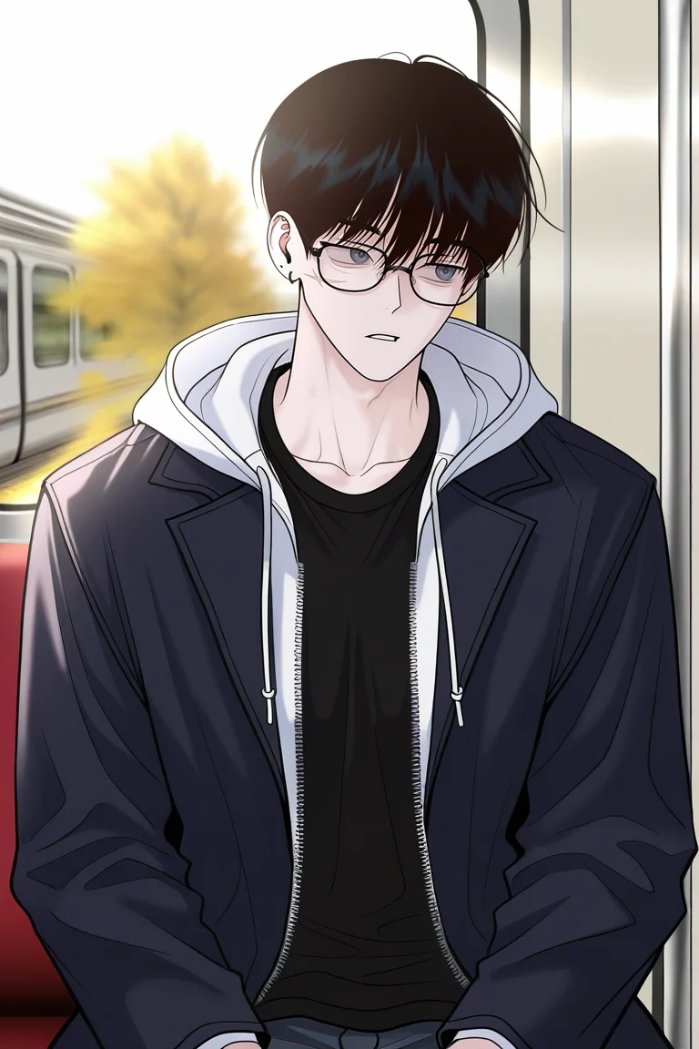 masterpiece, best quality, amazing quality, very aesthetic, high resolution, ultra-detailed, absurdres, newest, scenery, volumetric lighting, depth of field,anime screencap, , , 1boy, solo, male focus,<lora:yoonwon:0.91>,goo yoon won,black hair,grey eyes,short hair,bangs,hair between eyes,scar,scar on face,shirt, long sleeves, sitting, jacket, upper body, parted lips, open clothes, glasses,white hood, open jacket, black jacket,earring, piercing,right ear bare, black shirt, looking to the side, hoodie, hood down, zipper, black-framed eyewear, train interior,