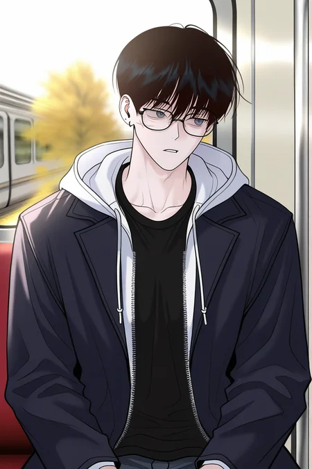 masterpiece, best quality, amazing quality, very aesthetic, high resolution, ultra-detailed, absurdres, newest, scenery, volumetric lighting, depth of field,anime screencap, , , 1boy, solo, male focus,<lora:yoonwon:0.91>,goo yoon won,black hair,grey eyes,short hair,bangs,hair between eyes,scar,scar on face,shirt, long sleeves, sitting, jacket, upper body, parted lips, open clothes, glasses,white hood, open jacket, black jacket,earring, piercing,right ear bare, black shirt, looking to the side, hoodie, hood down, zipper, black-framed eyewear, train interior,