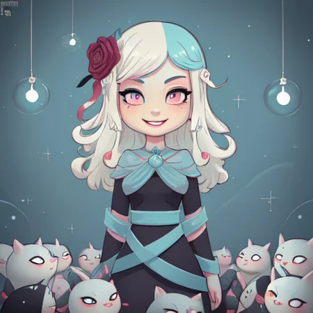 female, age 25, long white hair, high cheek bones, round face, cute, highly detailed, sharp focus, stunningly beautiful, looking at camera, smile, sultry look, blue skin, black makeup,  Tara McPherson <lora:Tara_McPherson_v1:1>, standing in a dungeon
