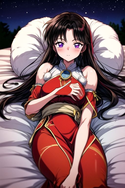 masterpiece,  best quality 1girl Setsun4 solo long hair,  (night time) forest background black hair very long hair purple eyes multicolored hair armor (fur trim) (medium body),<lora:EMS-179-EMS:0.800000>,<lora:EMS-293862-EMS:0.800000> bow, hair_bow, hair_tubes, red_bow, brown_hair, long_hair, bangs, ascot, frilled_bow, yellow_ascot, blush, smile, hair_between_eyes, athletic, armor, miko, ,(((intricate outfit,intricate clothes,embroidered outfit,ornate outfit,embroidered clothes,ornate clothes))), laying down, lying down