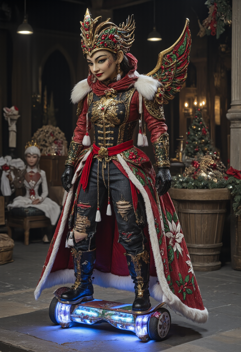 A skateboarder performing tricks on a glowing hoverboard, Everyday Life with a Twist,<lora:ChristmasCouture:0.8>, armor, berry, buckle, bodysuit, coat, corset, crown, distressed denim jeans, edgy, embroidery, epaulettes, fantasy, feathers, festive, floor-length, floral, form-fitting, frilly, fur-lined cape, glittering, gothic, gold accents, gown, headdress, high-collared, holly, jumpsuit, lace, leather, leaves, luxurious, medieval, military-style, off-the-shoulder, opulent, ornate, overcoat, pinstriped, plaid, poinsettia, puffy winter jacket, punk, red and white striped, ruffled, sash, scarf, sequined, shawl, skirt, snowflake, steampunk, sweetheart neckline, tassels, tiara, trimmed with white fur, turtleneck sweater, velvet, Victorian, wings, <lora:boFLUX Christmas Dreams:0.5>, bo-christmas, <lora:ck-old-wooden-christmas-toys-000016:0.5>, A high-quality, close-up photograph of a ck-owct style hand-painted wooden christmas toy featuring a <lora:Satria_Gandrong_FLUX:0.5>, wayang_golek, wayang