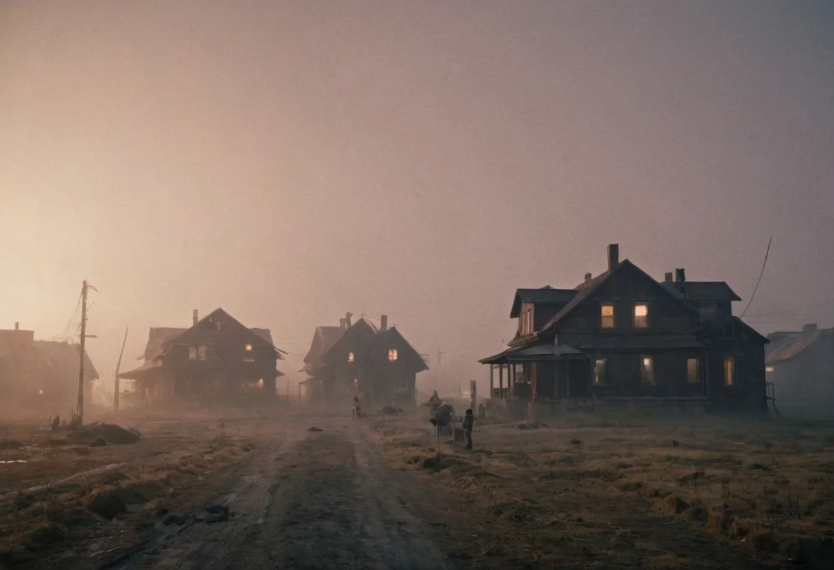 epic but calm scenery, Chiaroscuro Lighting Style, cinematic show particles in the foreground, detailxl, (shallow depth of field:2), futuristic buildings along with the old houses, spacious, foggy morning
