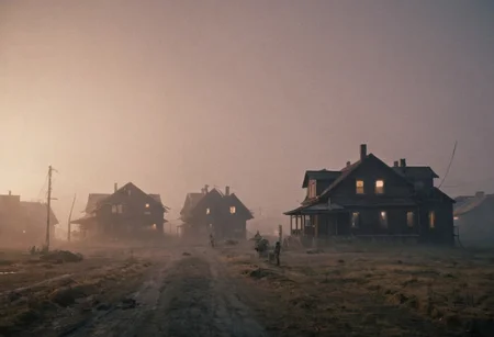 epic but calm scenery, Chiaroscuro Lighting Style, cinematic show particles in the foreground, detailxl, (shallow depth of field:2), futuristic buildings along with the old houses, spacious, foggy morning