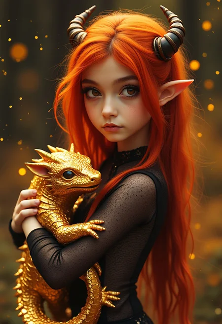 Cute young redhead Irish cyberpunk girl holding her golden baby dragon, fantasy, exquisite detail, 30 - catch light, low - contrast, High - sharpness, depth - of - field, golden - hour, ultra - detailed photography, shiny stars in the sky