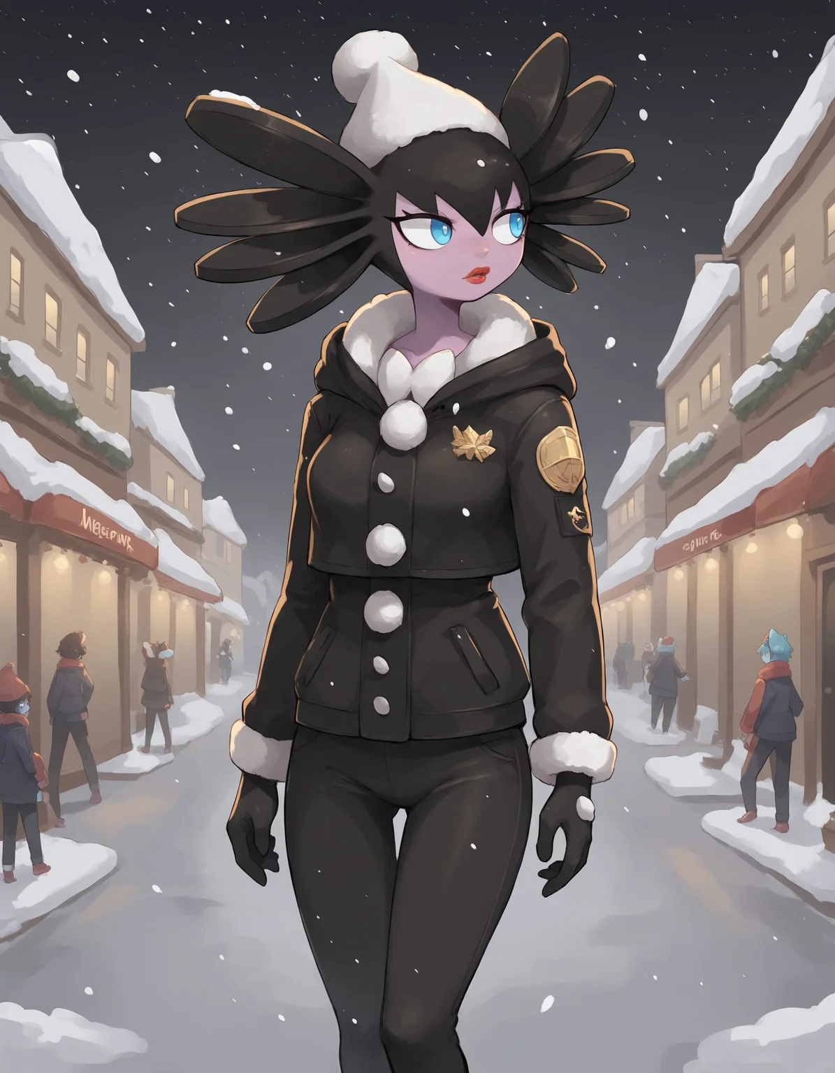 score_9, score_8_up, score_7_up, gothitelle, black hair, multicolored skin, blue eyes, red lips, pokemon \(creature\), (solo), 1girl, anthro, winter, long jacket, snowing, christmas, colored lights, streets, billboards, pants, gloves, looking away, (noseless), pompon hat, <lora:cefaa866-a58e-40ba-a219-79ab392f7d60:1.0>, <lora:cd26c091-2d99-4d47-8534-b62868e6d83e:0.9>