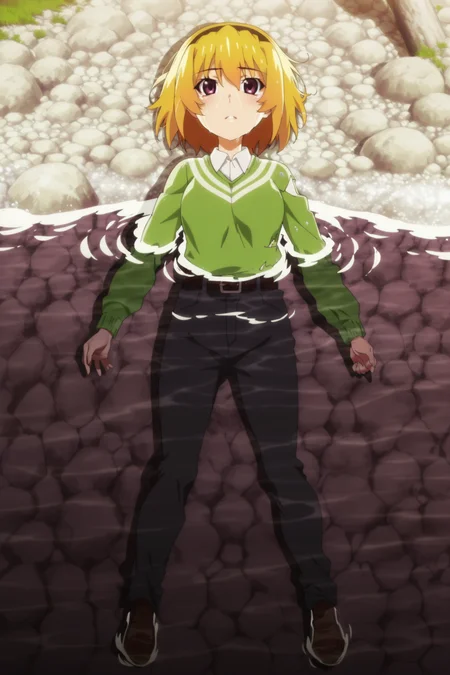 anime screencap, anime coloring, detailed face, masterpiece, best quality, very aesthetic, absurdres, volumetric lighting, official style, amazing quality, ultra detailed, highres, amazing quality, scenery, beautiful detailed hair, beautiful detailed eyes, detailed fingers,
<lora:Houjou_Satoko_teenage_appearance_Higurashi_When_They_Cry_-_Gou_and_Sotsu:1>
Satoko green shirt outfit, houjou satoko, 1girl, blonde hair, solo, hairband, black hairband, partially submerged, shirt, pants, sweater, brown footwear, green sweater, collared shirt, lying, full body,