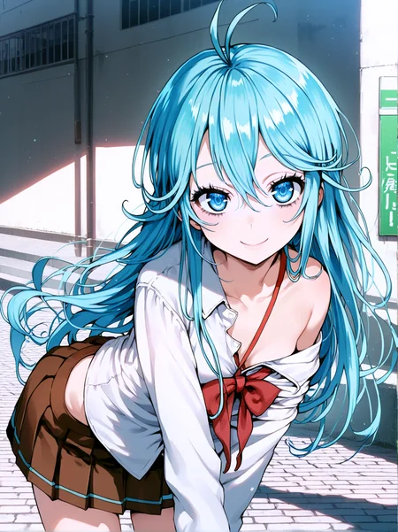 score_9, score_8_up, score_7_up, score_6_up,
source_anime, detailed background,
1girl, solo, cowboy shot, looking at viewer,
outdoors, street, leaning forward,
long hair, aqua hair, hair between eyes, sidelocks, ahoge,
blue eyes, tsurime, thick eyelashes, long eyelashes, black eyelashes,
closed mouth, smile,
small breasts, school uniform, skirt, off shoulder,
<lora:touwa_erio_v1:1> touwa_erio_v1,
<lora:Expressive_H:0.8> Expressiveh,
<lora:StS_detail_slider_v1:2.5>,
<lora:Pony_DetailV2.0:2.5>,
<lora:Worldly_XL:0.6>