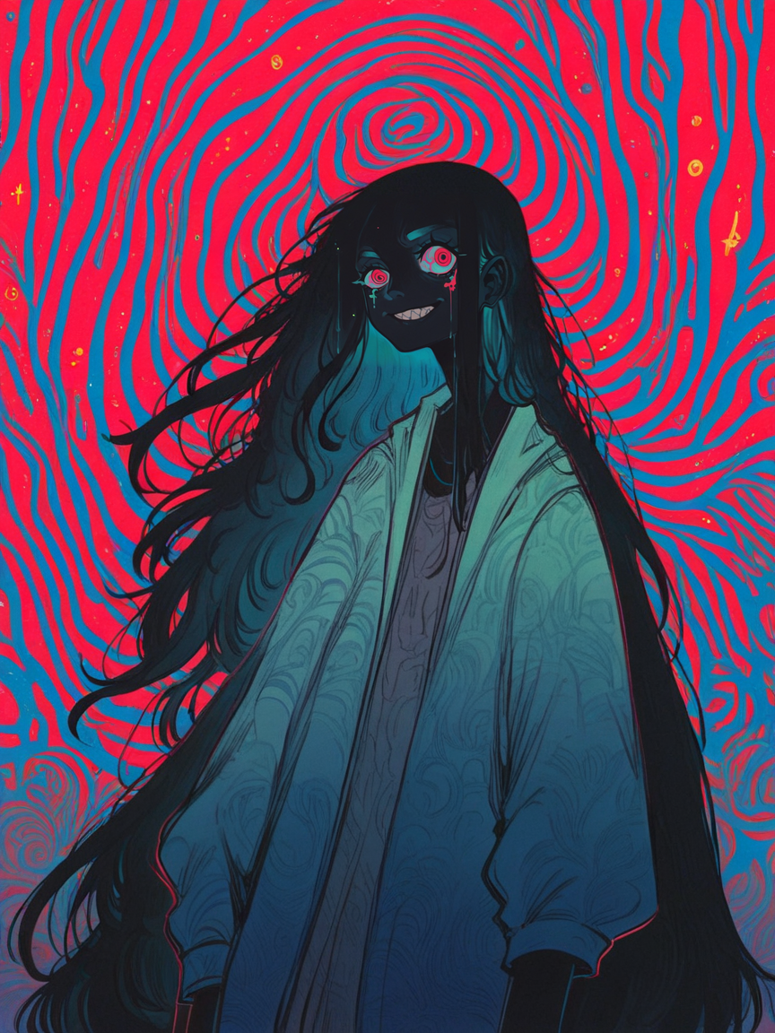 score_9, score_8_up, score_7_up, score_6_up, score_5_up, score_4_up,   <lora:f3nn3rXLP:0.9> f3nn3r, 1girl, colourful, pink, blue, black, red, trippy, long hair, eyes