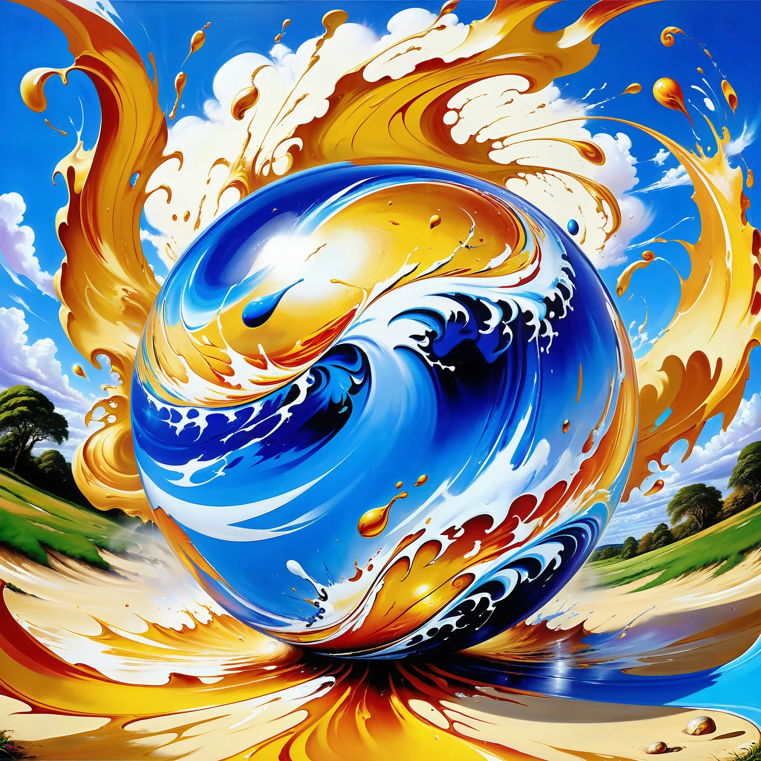 in a Jed-Gball, Jed-Glassball, masterpiece, full of details, positive emotional, Jed-Gr4ff1t1,wallpaper enginge, <lora:GraffitiStyle-000003:0.7>, <lora:Jed-Glassball:0.3>, plein air painting of, Indigo and Gold ("The Whirlwind of Pandemonium":1.2) , very Resplendent, in focus, outdoor, natural light, vibrant, loose, expressive, perfect symmetry, handsome, background inspired, dynamic composition