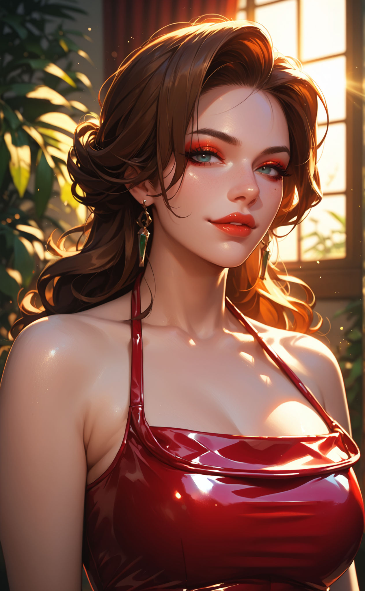 score_9, score_8_up, score_7_up, score_6_up, mature female, solo,  source_anime, resting bitch face eyeliner, eyeshadow, makeup, red lips  vibrant latex dress, pose, halterneck, god rays,atmospheric lighting,  <lora:WITRD-45-PDXL:0.9> hiu