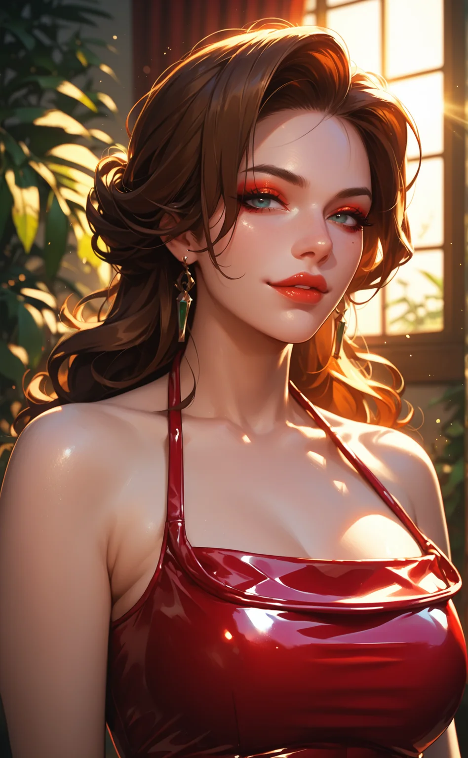 score_9, score_8_up, score_7_up, score_6_up, mature female, solo, source_anime, resting bitch face eyeliner, eyeshadow, makeup, red lips vibrant latex dress, pose, halterneck, god rays,atmospheric lighting, <lora:WITRD-45-PDXL:0.9> hiu