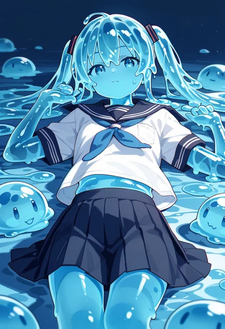 PonyScores7, source_anime, hi res, masterpiece, best quality, highres, sss, translucent, subsurface scattering,    
slime girl, monster girl, slime_girl, 1girl,solo,twintails,long_hair,skirt,school_uniform,serafuku,very_long_hair,looking_at_viewer,sailor_collar,shirt,short_sleeves,lying,neckerchief,black_skirt,closed_mouth,on_back,pleated_skirt,chromatic_aberration,hair_between_eyes,bangs,white_shirt,
