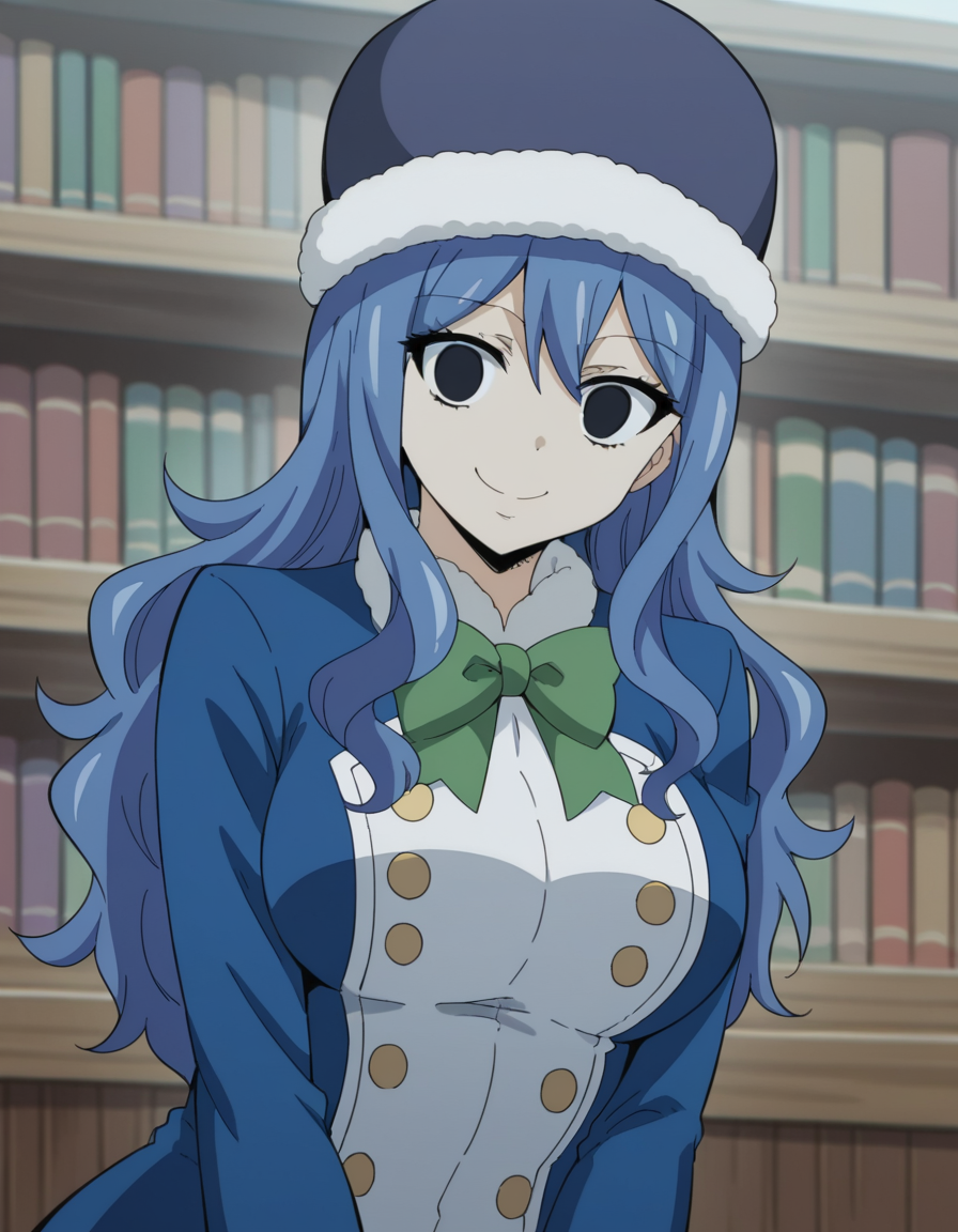 score_9, score_8_up, score_7_up, source_anime, <lora:juvia-lockser-100yq-ponyxl-lora-nochekaiser:1>, juvia lockser, long hair, large breasts, hair between eyes, blue hair, black eyes, empty eyes,, hat, bow, bowtie, coat, fur trim, green bow, blue coat, fur hat, green bowtie, bookstore, browsing shelves, new book smell, finding a favorite, quiet atmosphere, smile, looking at viewer, smile, solo,, dutch angle,