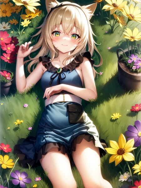 masterpiece, best quality, 1girl, Podencodress, <lora:ptc-000004:1>, little smile, multicolored background, flower, dynamic color, grass, lying,
