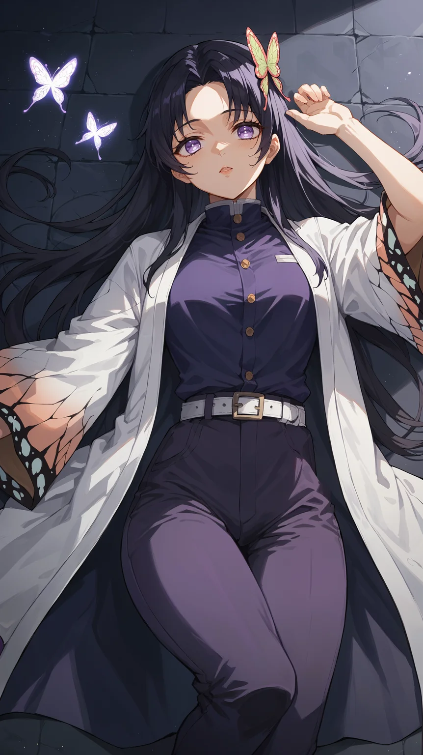 score_9,score_8_up,score_7_up,score_6_up, source_anime, zPDXL3, <lora:xl_more_art-full_v1:0.5>, girl, dynamic pose, lying against the ground, hand on head, <lora:Kanae Kocho - Pony-000004:0.8>, long hair, black hair, purple eyes, butterfly hair ornament, hair ornament, parted bangs, long bangs, purple shirt, white coat, butterfly print, purple pants, wide sleeves, white belt, moonlight, dim lighting, darkness, night time, midnight, shadow, harsh shadows,