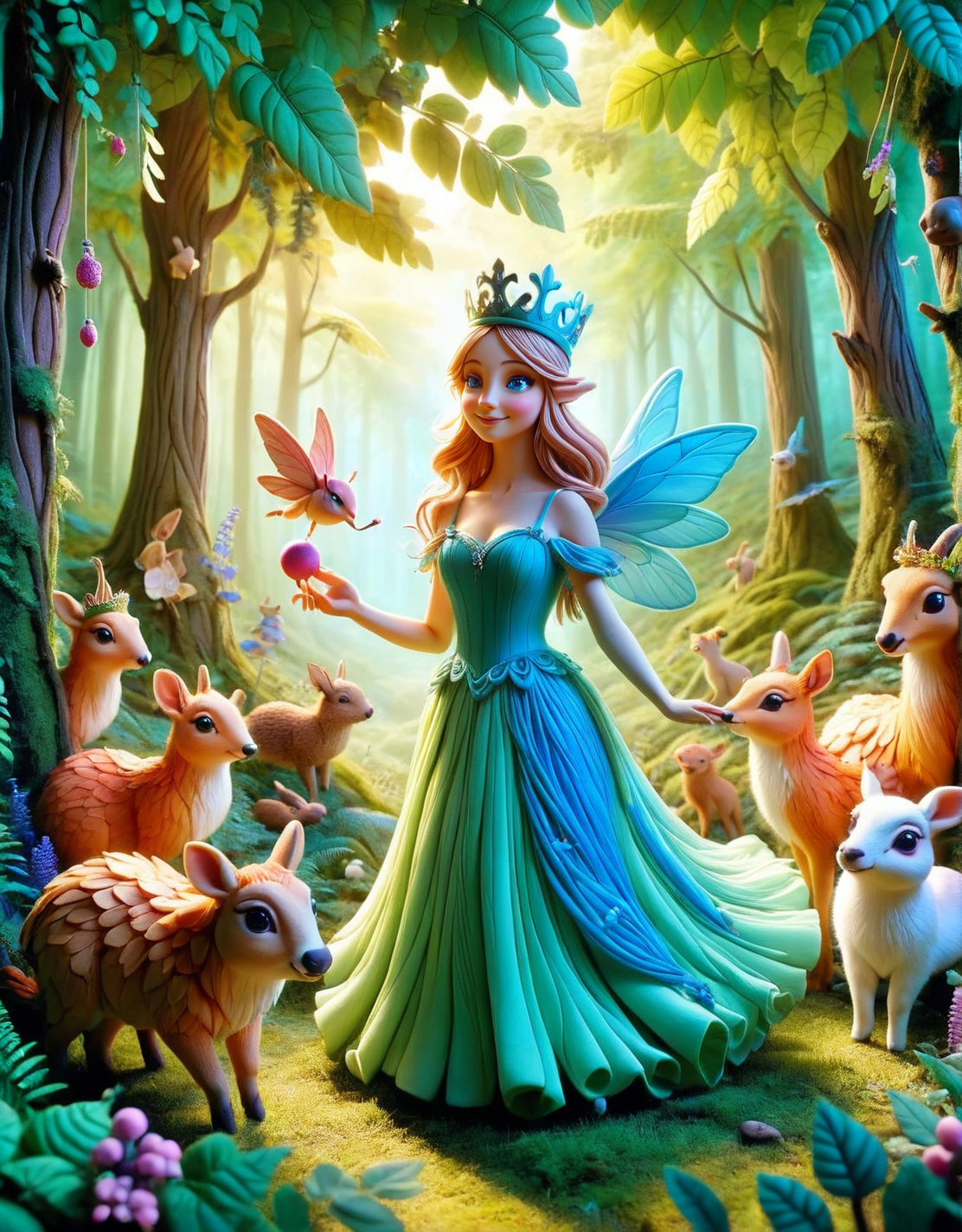 ais-hppycly a mischievous fairy queen playing tricks on forest animals <lora:ais-hppycly-sdxl:1>