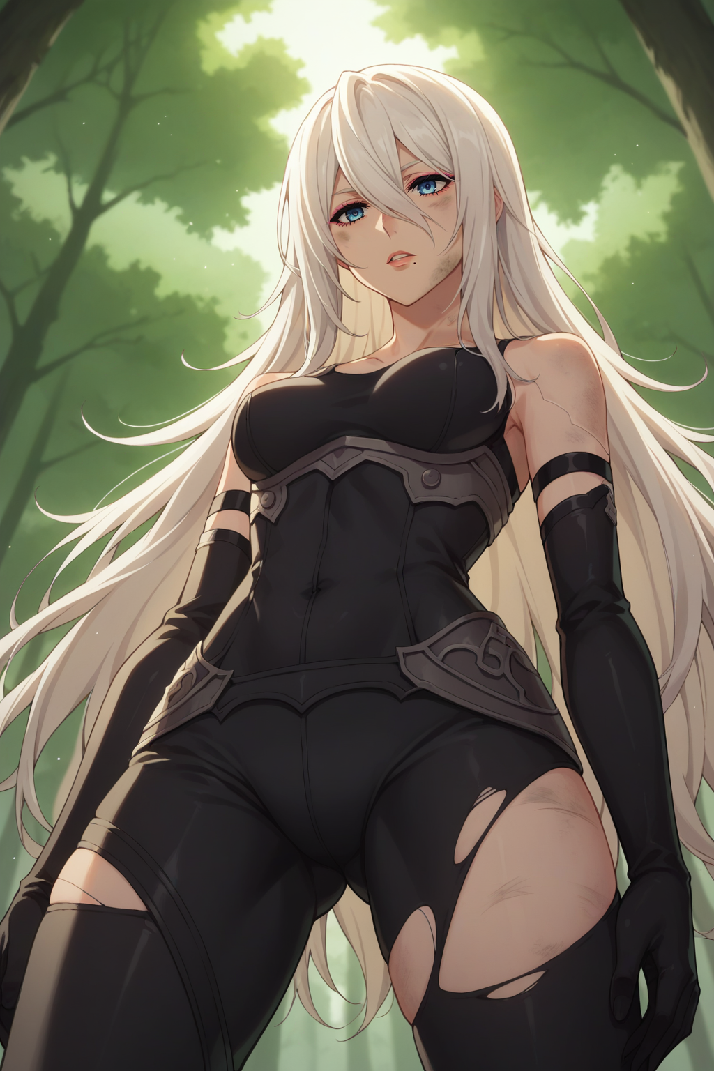 score_9, score_8_up, score_7_up, source_anime, 1girl, prefect lighting, very aesthetic, intricate details, highly detailed background, masterpiece, high quality, prefect hands, best quality, solo,
<lora:A2_Nier_V1:.85>, kjoa2, white hair, blue eyes, hair between eyes, pink eyeliner, mole under mouth, long hair,
torn black bodysuit, torn thigh-highs, torn elbow gloves, dirty, 
from below, expressionless, parted lips,
forest, day, tree shade,
(Beautiful, medium Breasts:1.2), natural breasts,