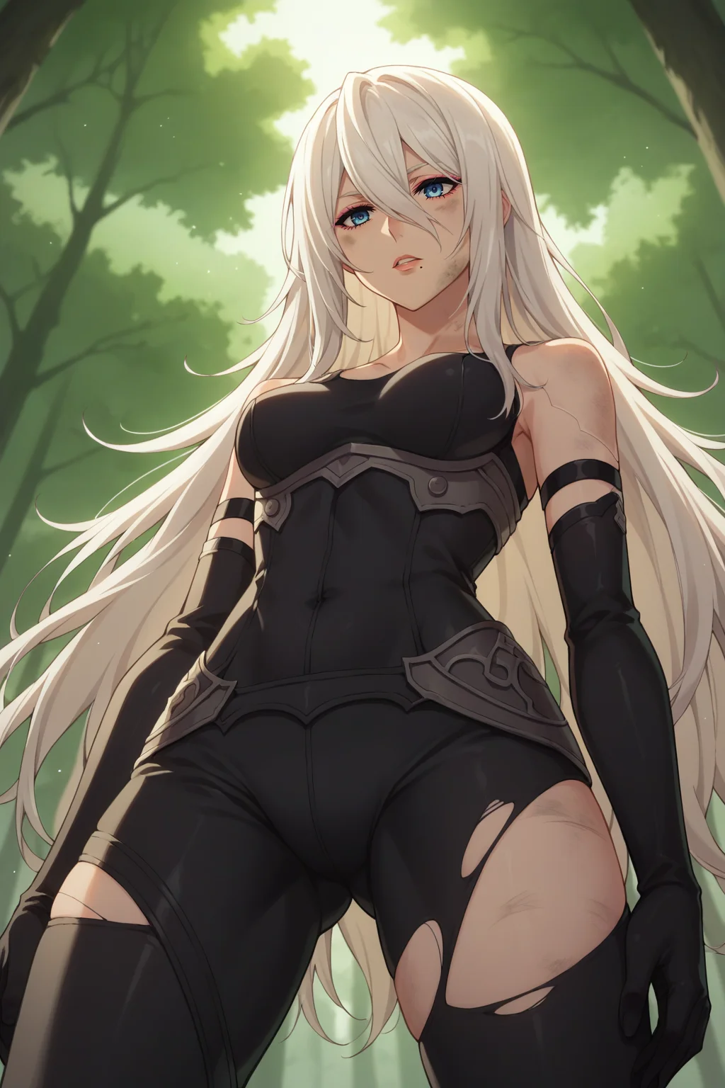 score_9, score_8_up, score_7_up, source_anime, 1girl, prefect lighting, very aesthetic, intricate details, highly detailed background, masterpiece, high quality, prefect hands, best quality, solo,
<lora:A2_Nier_V1:.85>, kjoa2, white hair, blue eyes, hair between eyes, pink eyeliner, mole under mouth, long hair,
torn black bodysuit, torn thigh-highs, torn elbow gloves, dirty,
from below, expressionless, parted lips,
forest, day, tree shade,
(Beautiful, medium Breasts:1.2), natural breasts,