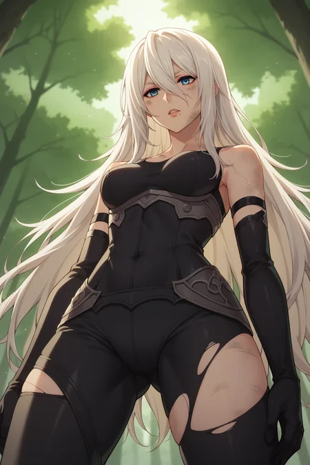 score_9, score_8_up, score_7_up, source_anime, 1girl, prefect lighting, very aesthetic, intricate details, highly detailed background, masterpiece, high quality, prefect hands, best quality, solo,
<lora:A2_Nier_V1:.85>, kjoa2, white hair, blue eyes, hair between eyes, pink eyeliner, mole under mouth, long hair,
torn black bodysuit, torn thigh-highs, torn elbow gloves, dirty,
from below, expressionless, parted lips,
forest, day, tree shade,
(Beautiful, medium Breasts:1.2), natural breasts,
