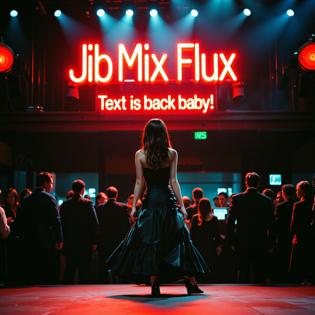 A cinematic movie film Stil, of  a goth lady rocking out on stage with a neon sign with text saying: "Jib Mix Flux - Text is back baby!" 4k, 8k, UHD.