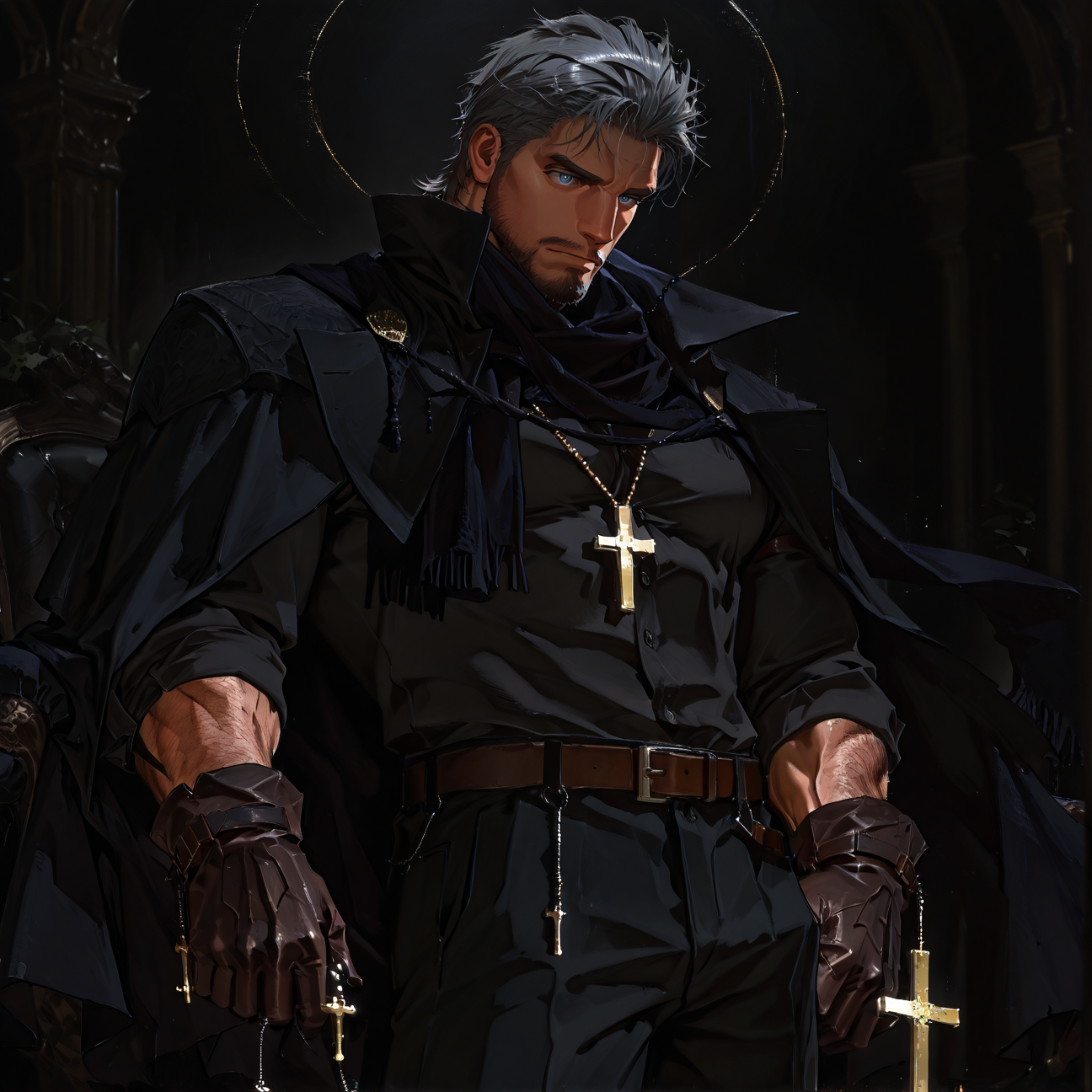 <lora:Eins__Alchemist_Code-000005:.75> tagatameeins, eins_grey hair, eins_grey eyes, 1boy, short hair, rosary, solo, male focus, manly, mature male, bara, muscular male, cape, shirt, scarf, gloves, belt, pants,
((__1man-poses__, ))
short hair, male focus, muscular male, muscular male, bara, mature, (hairy body, hairy, body hair, glossy skin, bara, mature, facial hair, beard, full beard, sideburn, mustache, stubble, male pubic hair), facial hair, bara, mature, body hair, aixiwuganda_(20222192), very awa, masterpiece, best quality, absurdres, newest, perfect quality, detailed background, intricate details,, <lora:slider_Body Type_alpha1.0_rank4_noxattn_last:3><lora:Anime Summer Days 2 Style SDXL_LoRA_Pony Diffusion V6 XL:.6><lora:merged:.7>, DARK, DARK BACKGROUND, LOW-KEY LIGHTING <lora:slider_cfg_scale_boost:.7><lora:Artist6p:.55>, Artist6p, Artist04p,<lora:slider_il_contrast_slider_d1:-.25>,<lora:slider_contract_controller_illus01_v1:.3>, <lora:addon_illustriousXLv01_stabilizer_v1.121:.5>,<lora:Heavenly_Beauty_r1:1>, (heavenlybeauty,)<lora:slider_style_strength_controller_illus01_v1:.25>