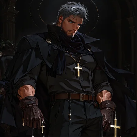 <lora:Eins__Alchemist_Code-000005:.75> tagatameeins, eins_grey hair, eins_grey eyes, 1boy, short hair, rosary, solo, male focus, manly, mature male, bara, muscular male, cape, shirt, scarf, gloves, belt, pants,
((__1man-poses__, ))
short hair, male focus, muscular male, muscular male, bara, mature, (hairy body, hairy, body hair, glossy skin, bara, mature, facial hair, beard, full beard, sideburn, mustache, stubble, male pubic hair), facial hair, bara, mature, body hair, aixiwuganda_(20222192), very awa, masterpiece, best quality, absurdres, newest, perfect quality, detailed background, intricate details,, <lora:slider_Body Type_alpha1.0_rank4_noxattn_last:3><lora:Anime Summer Days 2 Style SDXL_LoRA_Pony Diffusion V6 XL:.6><lora:merged:.7>, DARK, DARK BACKGROUND, LOW-KEY LIGHTING <lora:slider_cfg_scale_boost:.7><lora:Artist6p:.55>, Artist6p, Artist04p,<lora:slider_il_contrast_slider_d1:-.25>,<lora:slider_contract_controller_illus01_v1:.3>, <lora:addon_illustriousXLv01_stabilizer_v1.121:.5>,<lora:Heavenly_Beauty_r1:1>, (heavenlybeauty,)<lora:slider_style_strength_controller_illus01_v1:.25>