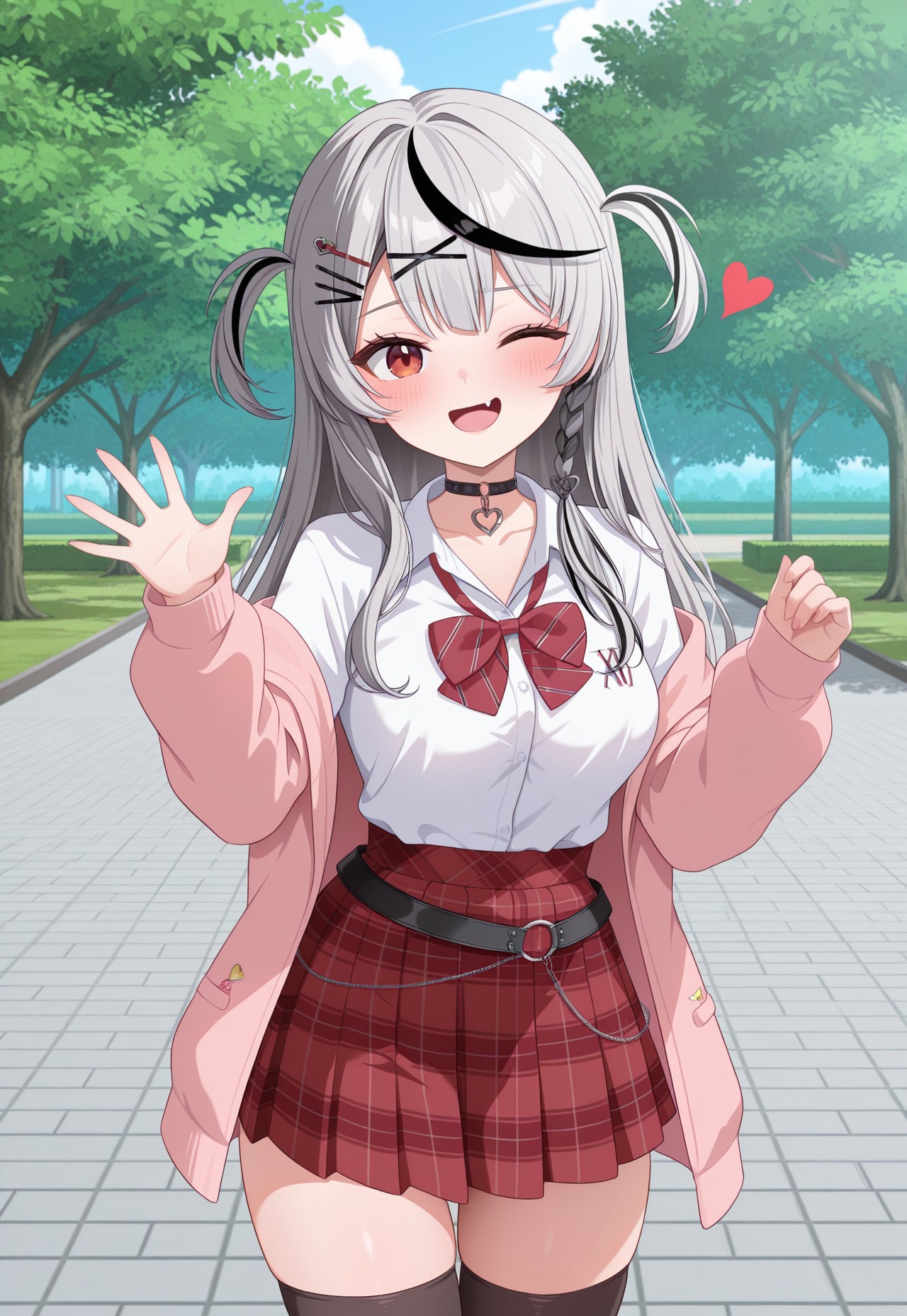 masterpiece, best quality, amazing quality, very aesthetic, high resolution, ultra-detailed, absurdres, newest, scenery, cartoon parody, sc1, sakamata chloe, virtual youtuber, solo, 1girl, grey hair, black hair, multicolored hair, streaked hair, long hair, bangs, red eyes, fang, two side up, hair ornament, x hair ornament, hairclip, shirt, white shirt, plaid skirt, skirt, plaid, collared shirt, black choker, long sleeves, belt, jacket, open jacket, thighs highs, looking at viewer, standing, outdoor, park, hand sign, wink, floating heart, open mouth