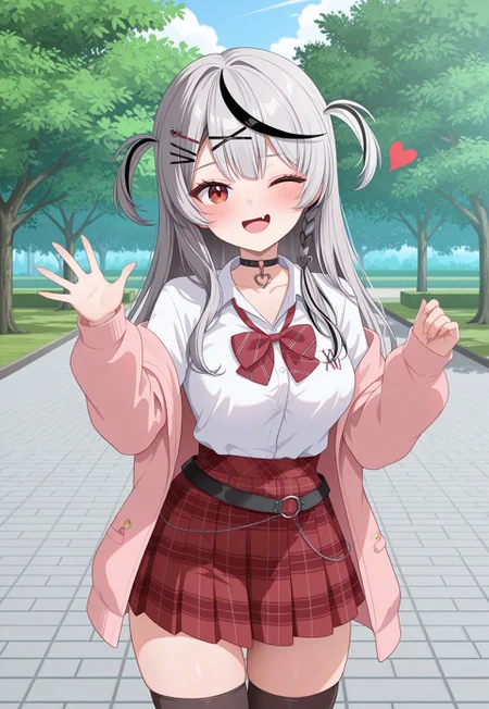masterpiece, best quality, amazing quality, very aesthetic, high resolution, ultra-detailed, absurdres, newest, scenery, cartoon parody, sc1, sakamata chloe, virtual youtuber, solo, 1girl, grey hair, black hair, multicolored hair, streaked hair, long hair, bangs, red eyes, fang, two side up, hair ornament, x hair ornament, hairclip, shirt, white shirt, plaid skirt, skirt, plaid, collared shirt, black choker, long sleeves, belt, jacket, open jacket, thighs highs, looking at viewer, standing, outdoor, park, hand sign, wink, floating heart, open mouth