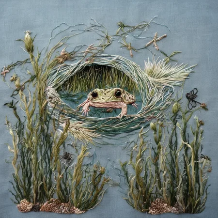 <lora:SDXL_embroidery_Sa_May_V8:1> embroidery, pickle frog, A mutated fish swims in the ocean covered in eerie spikes