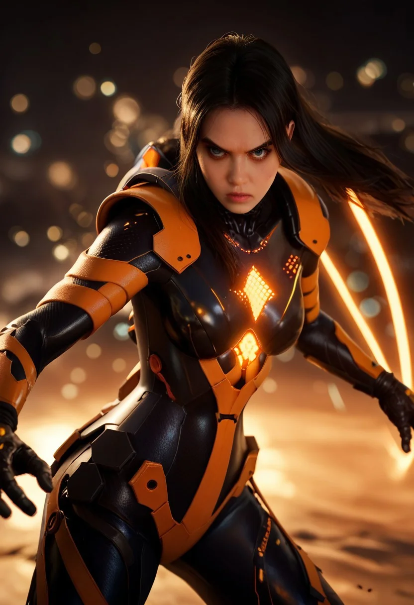 score_9, score_8_up, score_7_up, score_6_up,
stellartachy, 1girl, solo, black hair, black eyes, long hair, (Large black round armored Shoulder pads:1.4),
(orange neon lines), ( black glowing plugsuit:1.3), cyberpunk gloves,
cowboy shot, white background, (epic, movie scene , action scene, fight, colorful, bokeh, god light:1.4)
(action shot)