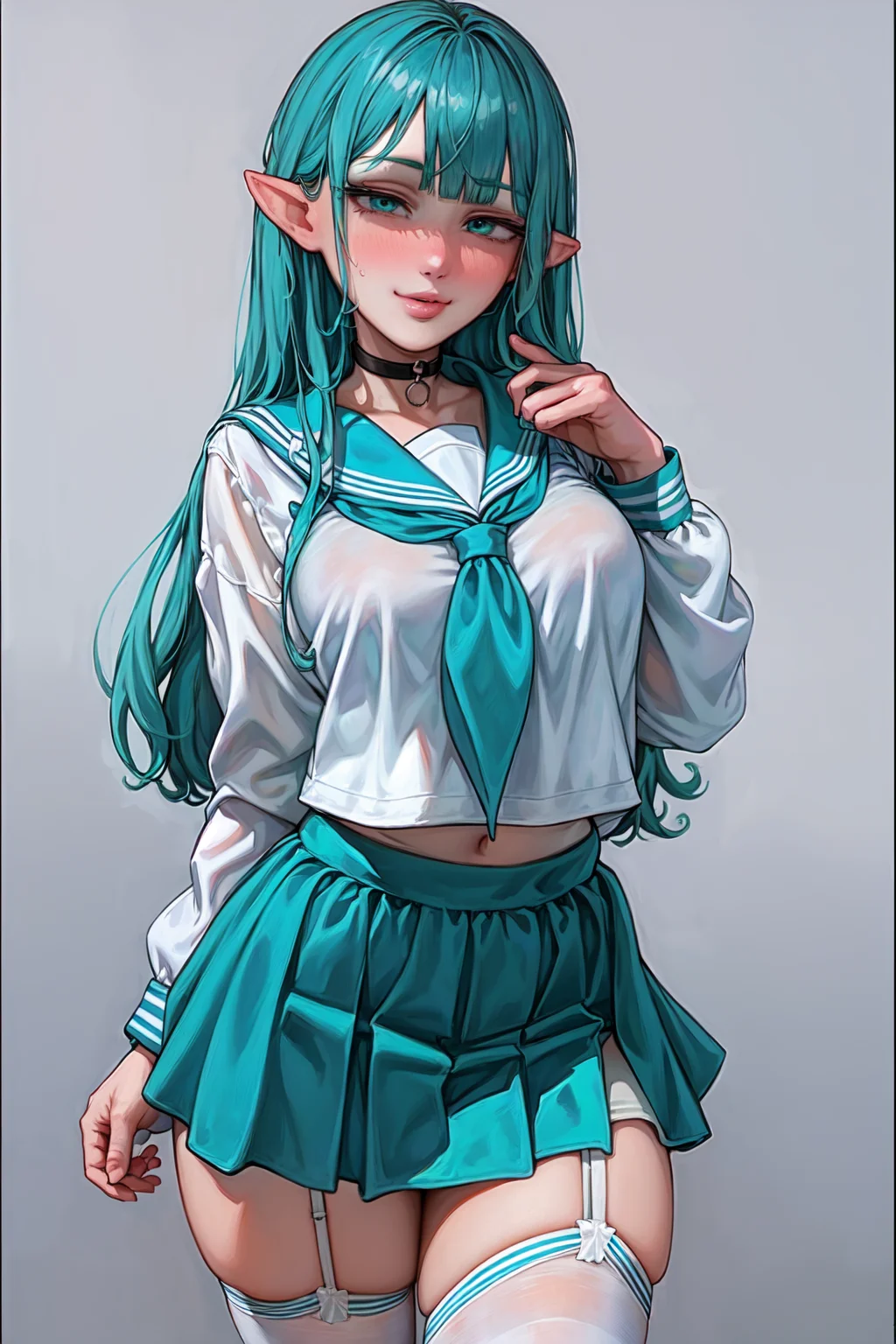 (aromasensei:1.3), best quality, masterpiece, detailed background, highly detailed, intricate, detailed face, long eyelashes, detailed eyes, (standing:1.1), (sexy pose:1.3), (thick thighs:1.0), (large breasts:1.1), (white background, simple background:1.3),

(one girl:1.2), (1girl:1.1), (solo:1.4), (aqua eyes:1.2), (aqua hair:1.3), (long hair:1.1), (straight hair:1.3), (blunt bangs:1.3), (thick lips:1.3), (pointy ears:1.2), (black choker:1.2), (pale skin:1.0),

(serafuku:1.2), (white shirt:1.1), (aqua sailor collar:1.1), (aqua skirt:1.3), (white thighhighs, white garter straps:1.1),

(light smile, blush, nose blush:1.1), (half-closed eyes:1.2), <lora:AromaStyle-V7:1>