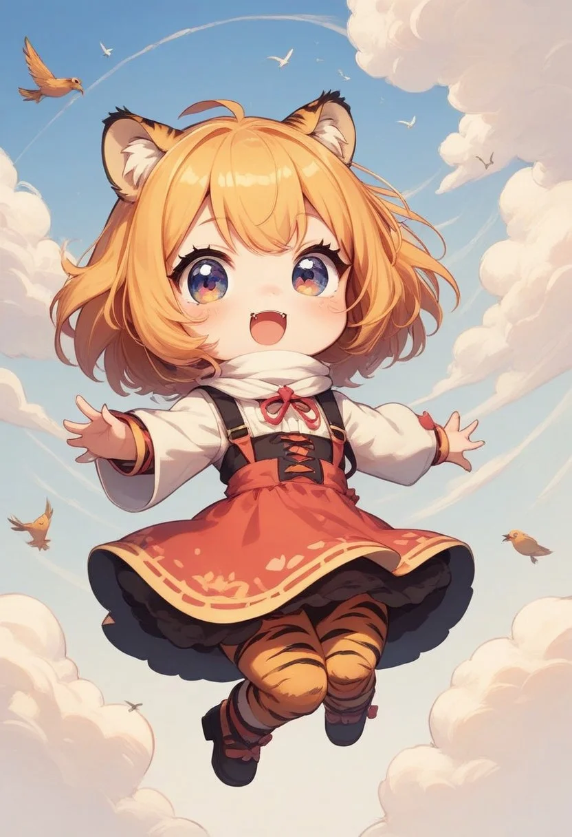 score_9, score_8_up, score_7_up, best quality, fine detail, cute, tiger girl, chibi, jumping, =3, surrounded by birds, clouds, from below,