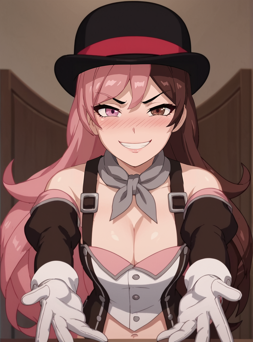 score_9, score_8_up, score_7_up, score_6_up, score_5_up, score_4_up,  anime screencap, anime screencap,  <lora:NeoPolitanVol7:0.8>neopilitantimeskip, 1girl, solo, hat, pink hair, brown hair, multicolored hair, long hair, split-color hair, gloves, heterochromia, bowler hat, cleavage, .nose blush, outstretched arms,  pov, open moth, smirk