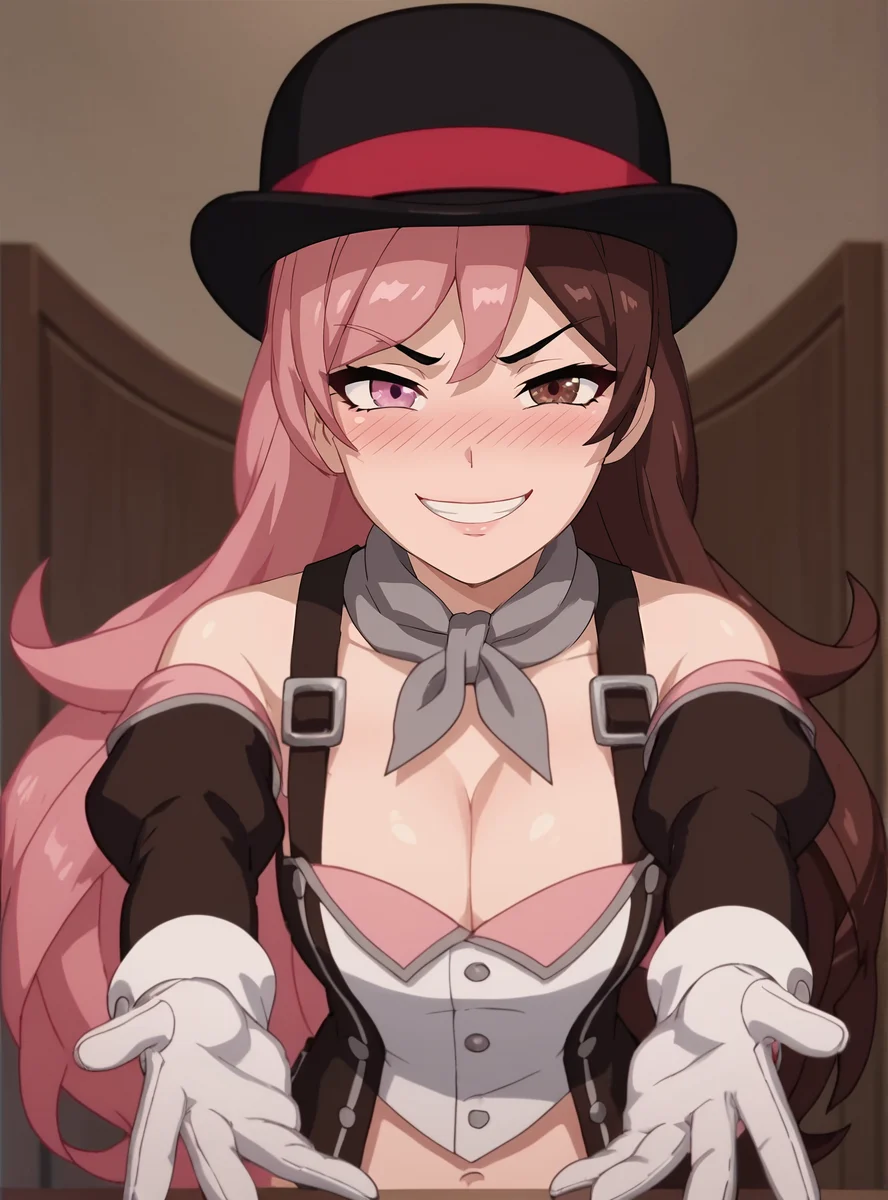 score_9, score_8_up, score_7_up, score_6_up, score_5_up, score_4_up, anime screencap, anime screencap, <lora:NeoPolitanVol7:0.8>neopilitantimeskip, 1girl, solo, hat, pink hair, brown hair, multicolored hair, long hair, split-color hair, gloves, heterochromia, bowler hat, cleavage, .nose blush, outstretched arms, pov, open moth, smirk