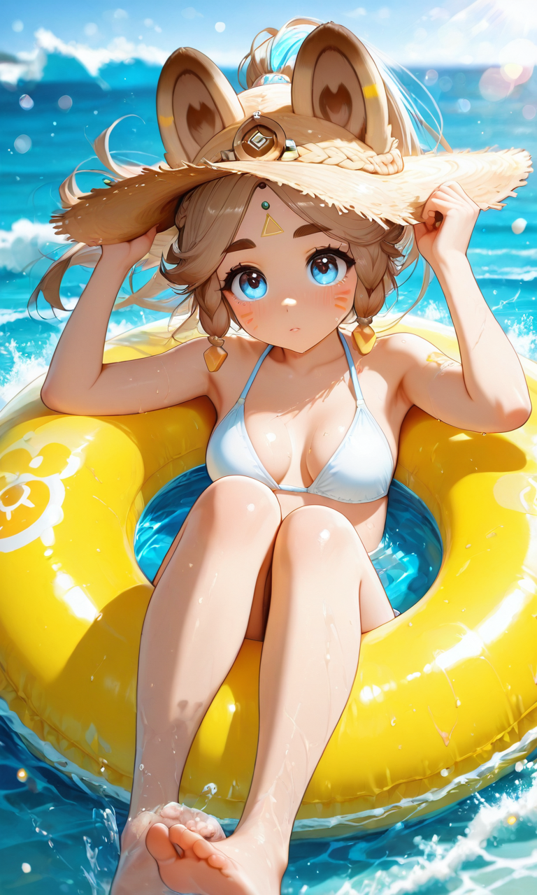 masterpiece, cute, lovely, (best quality:1.3), best quality, (amazing quality:1.3) ,very aesthetic, high resolution, absurdres, newest, 1girl, solo, perfect eyes, intricate eyes, Kachina_Genshin, animal ears, long hair, braid, high ponytail, brown hair, thick eyebrows, facial mark, blue eyes, parted bangs, tattoo, animal_tail, very cute, light particles, cute details, cute colors, (medium_breasts:1.3), BREAK, straw hat, white bikini, lying on swim ring, innertube, toes, barefoot, sunlight, sea, bokeh, hand on headwear, head tilt, blush, see-trough water, partially submerged, shocked, nervous, waves, wind, floating hair, knees up
