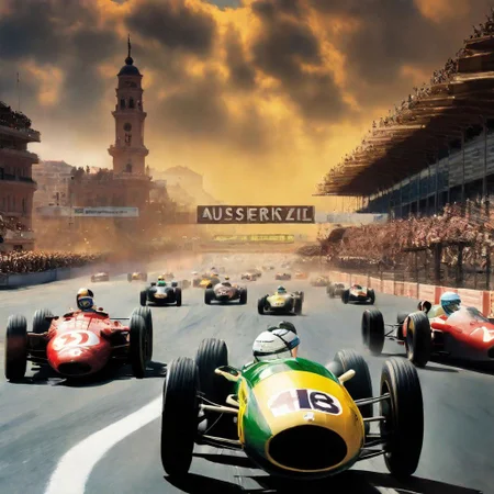 Monaco 1940s,Grand Prix,racing cars, one in front, cars behind blurred, all cars kept within frame,
frame of picture,racetrack,outdoors,
sky blue,day,motion blur to wheels, some dust, keep cars size proportionate and perspective,
facing forward, close race, one driver per car, reflection in helmet visas,
cloud,tree,blue sky,_p_style, all with drivers, racing drivers, drivers heads all facing forwards, all wearing helmets,red car, blue car, yellow car, green car,ferrari,text MONACO on barriers, well drawn numbers on cars<lora:VintagePPXL:1>, (masterpiece, best quality, ultra-detailed, best shadow), high contrast, (best illumination), ((cinematic light)), colourful, hyper detail, dramatic light, intricate details, ultra detailed artistic photography, backlit, shadows, ultra high definition, 8k, ultra sharp focus, ultra high quality, soft lighting, film photography, analogue photography, hyperrealism,